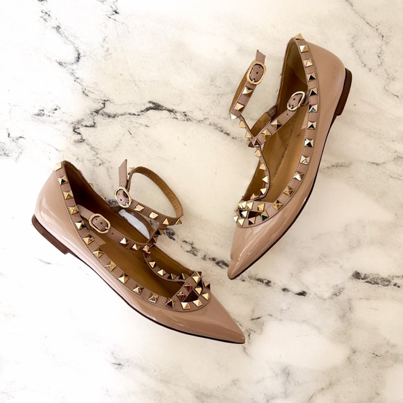 Valentino Garavani Rockstud Caged Nude Patent Leather Pointed Toe Ballet Flats - Picture 8 of 11